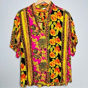 Vintage 80s Vibrant Floral Button-Up Shirt rayon sz xl